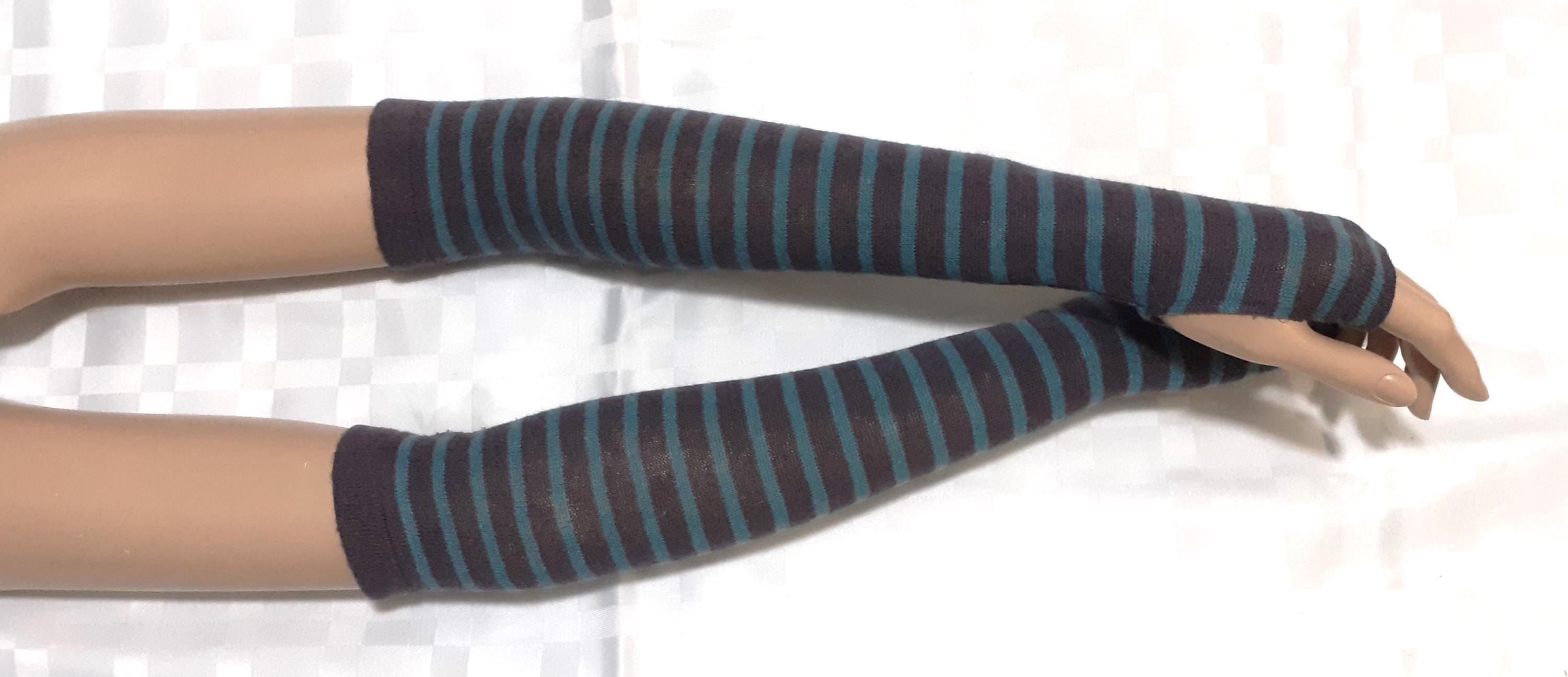 Extra Long, Organic cotton, Knit, Stripes, Whitened purple+turquoise, Soft, Fingerless Gloves, Sleeves with Thumb Holes. IDEAL for HER