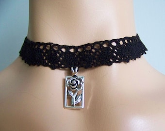 Cotton Black Lace, Choker, Necklaces, Simple, Delicate, Thin, Metal Rose, Romantic, Gothic, Baroque, Necklace, IDEAL for HER