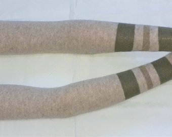 Wool,Very Very Long,Melange Ivory and Beige,Stripes,Delicate,Warm,Comfortable,Soft,Nice,Recycling,Arm Warmers with thumb holes, DEAL for HER