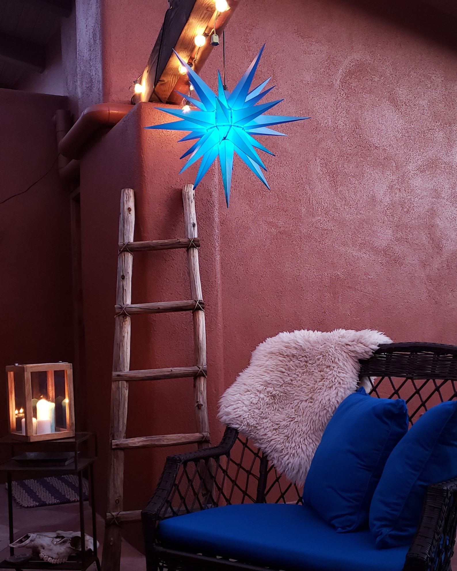 Lighted Outdoor Holiday Moravian Star Blue Hanging, Home Decor, Garden Lighting, Ambiance Light, Entry Light, Night Light, Patio Decor