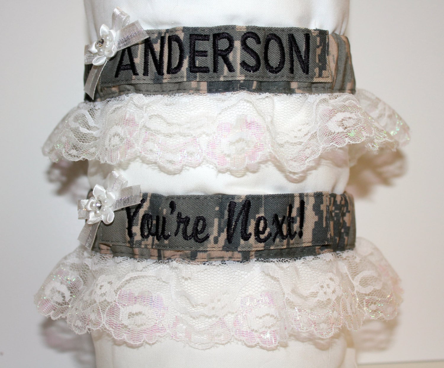 Military Bridal Garters (White Lace) - Army, Navy, Marines & Air Force