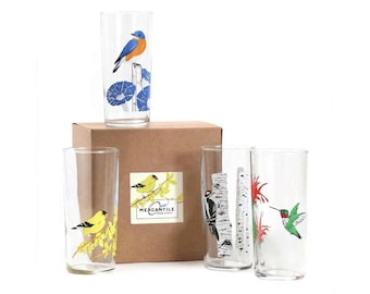 Illustrated Bird Glasses Gift Box Set: Hummingbird, Bluebird, Goldfinch, Woodpecker