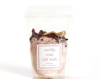 Vanilla Rose Essential Oil Bath Salt Soak with Dried Rose Petals and Wooden Scoop