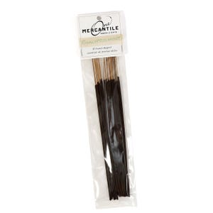 May include: A package of incense sticks from One Mercantile Goods & Gifts. The label reads "Eucalyptus Mint" and "20 hand-dipped essential oil incense sticks." The incense sticks are dark brown with gold tips, and are packaged in a clear plastic bag.