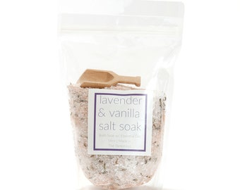 Lavender Vanilla Essential Oil Bath Salt Soak with Dried Lavender and Wooden Scoop