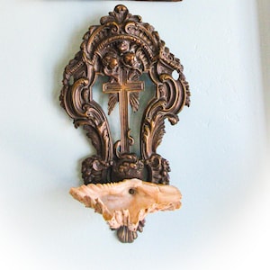 Antique French Holy Water Font: Shell Stoup, Bronze Cross & Cherubs
