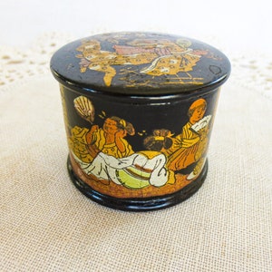 French Antique Lacquer Little Round Box - Samurai Motif -Geisha Scenes, Japanese Tradition