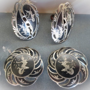 Two Pairs Vintage Siam Sterling Clip on Earrings, Marked Siam Sterling, Nielloware Clips, Lot of 2 pairs, Fan Earrings, Indonesian Goddesses