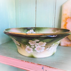 RS Prussia Bowl, Antique German Porcelain, Fine Porcelain Bowl, Green with White and Pink Flowers