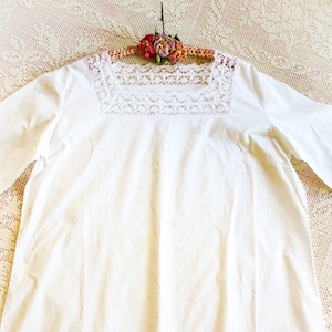 French Vintage Nightgown: White Linen Cotton Gown with Bobbin Lace, Monogrammed