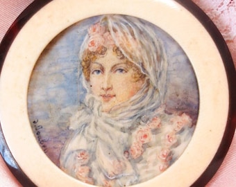 Fr. Ant. Miniature Painting, Pendant, Fragonard Bust of Woman - 1900s