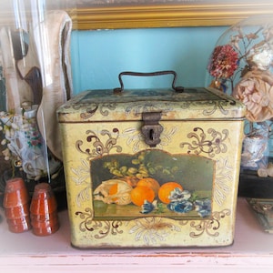 French Vintage Large Tin Box, Toleware Fruit Tin, Handle, Lid, Faded Green with Flowers