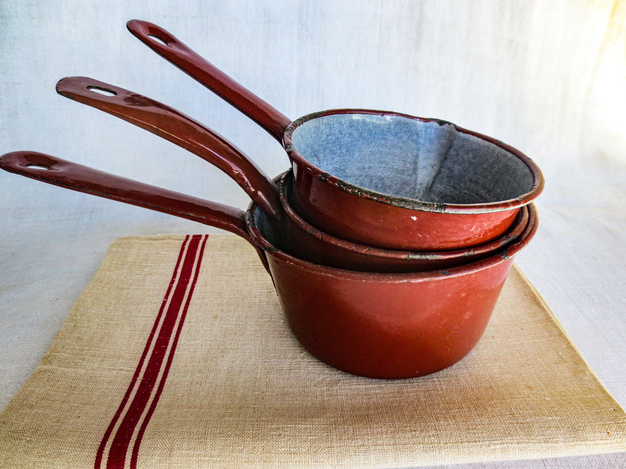 French Antique Enamel Sauce Pots Set of Three Rustic Rust Etsy UK