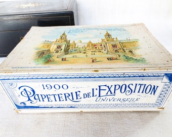 Caixa de presente de marchetaria antiga francesa: World's Faire Papeterie de 1900