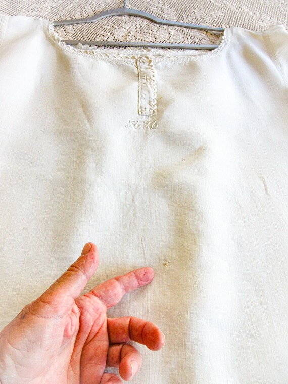 Antique French Linen Nightgown: Monogrammed Heavy… - image 13