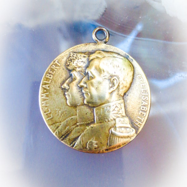 1914 Belgian Brass Medallion 1914 Albert & Elisabeth de Belgique - Médaille merci aux États-Unis