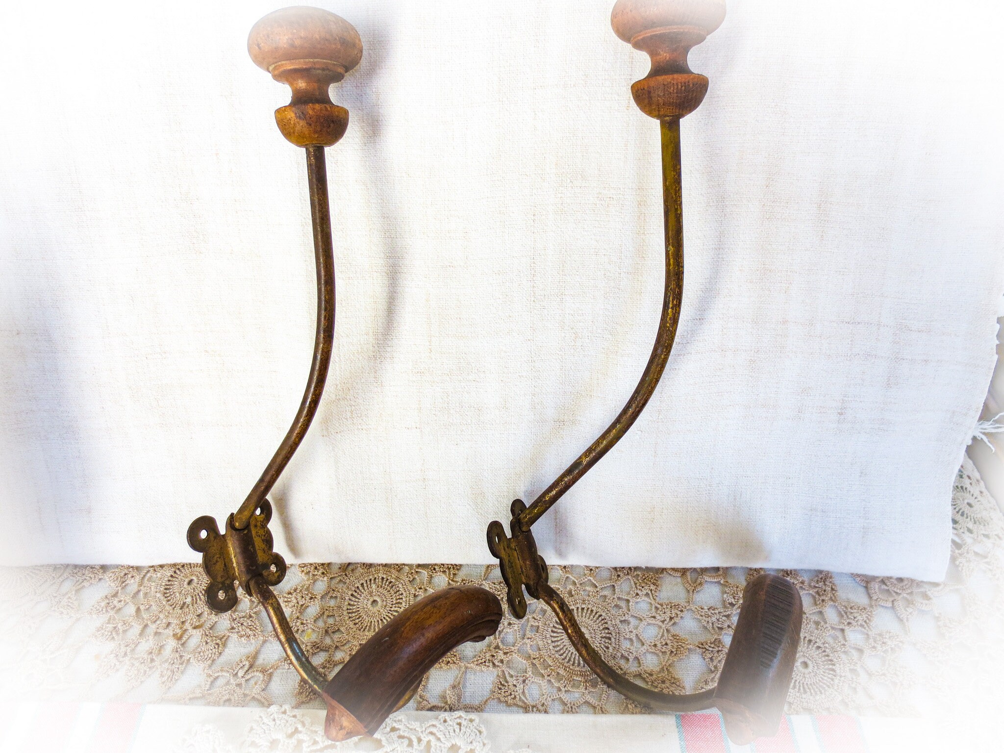 Pair of French Antique Coat Rack Hooks, Hardware to Attach, Brass