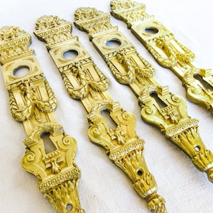 May include: Four elongated gold-toned metal door plates featuring intricate relief carvings, including floral motifs, swags, and central circular openings for handles, with keyhole escutcheons at the bottom and decorative finials at the base.