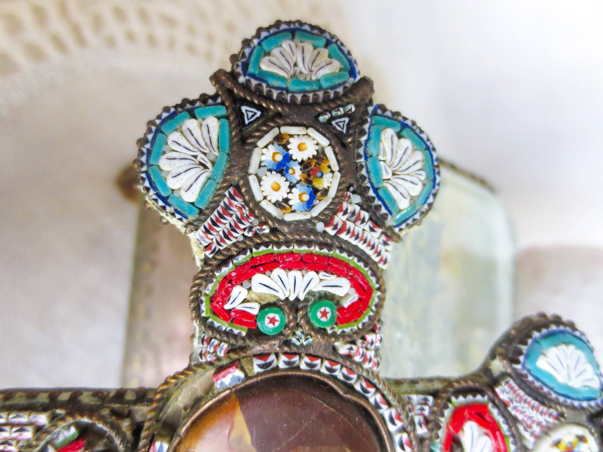 Antique Micro Mosaic Cross: Pope Pius XI, Italian Religious Decor