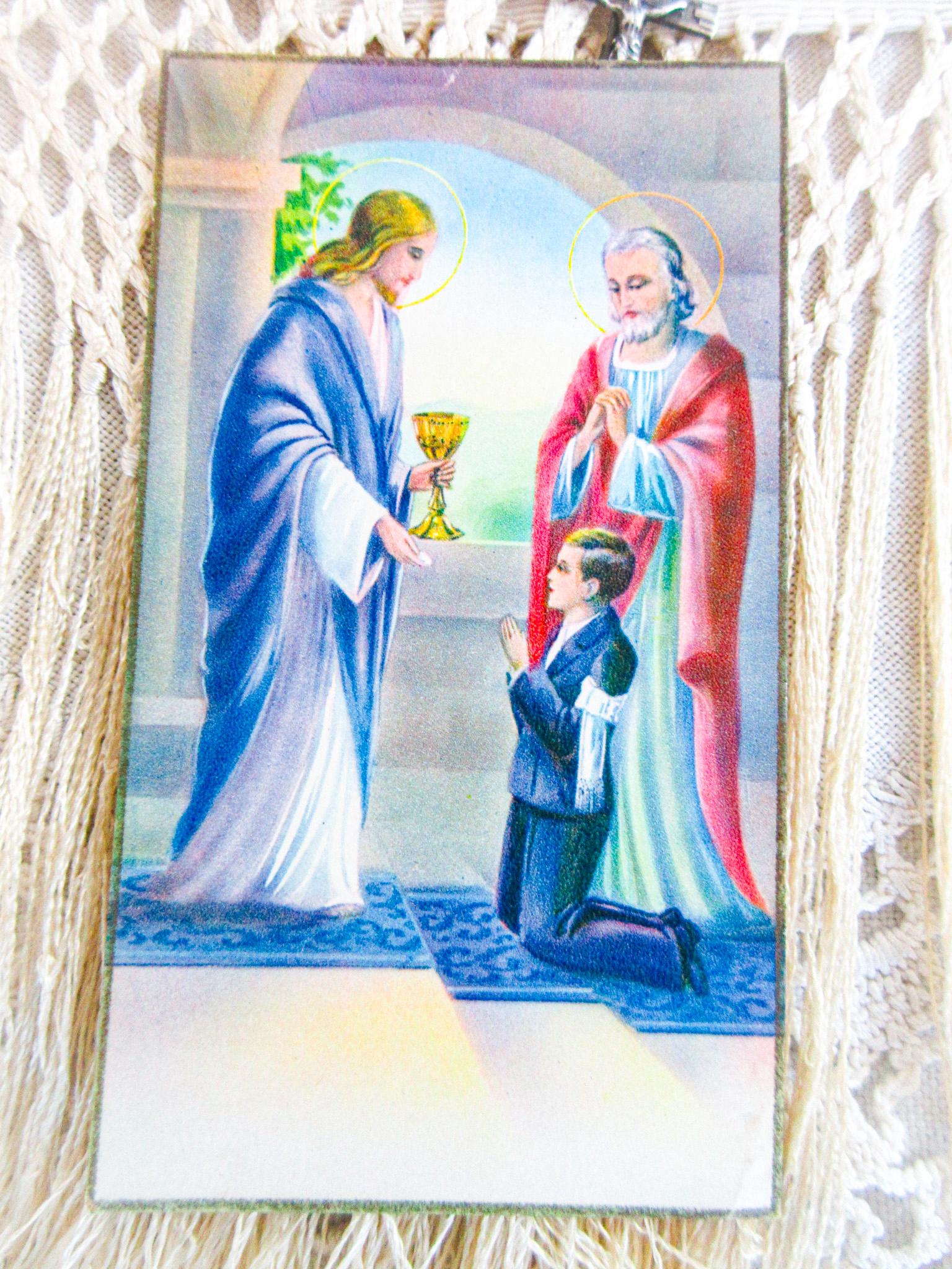 アンティークのフランス製初聖体拝領セット：腕章、ロザリオ、聖カード