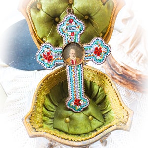 Italian Antique Micro Mosaic Cross, Pope Pius XI in the Centerpiece, Substantial Pendant Cross