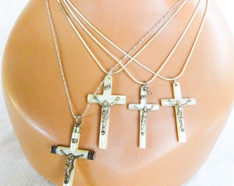 French Antique Mother of Pearl Cross Necklace, Vtg French, Shell Necklace, Sterling Silver Crucifix, Sterling Silver Chain, Marked 925