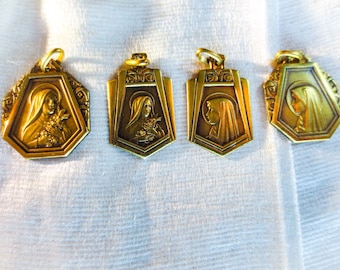 Four French Religious Medals -  Sterling Silver with Gold Wash.- Gold lamé Four French Charms, Prayer Medals. Healing Medals, Lot of 4