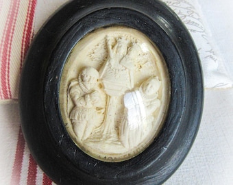 N.D. de Montaigu, Antique Reliquary -Meerschaum Carving Religious Domed Glass Reliquary, Our Lady of Montaigu, France,