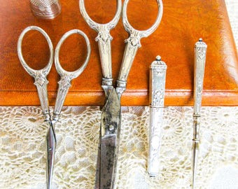 5 Pc Antique French Sterling Silver Sewing Kit: 5-Piece Regency Necessaire