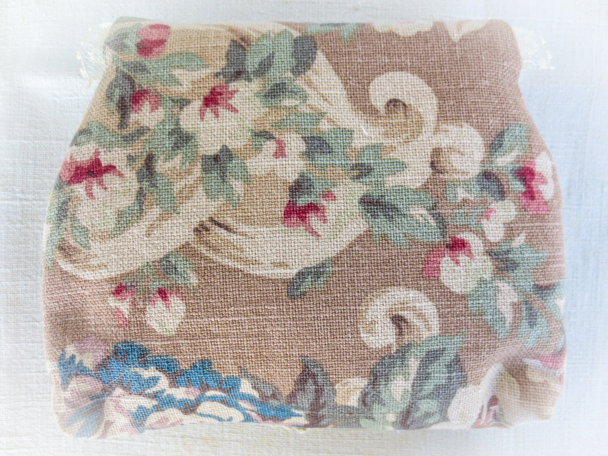 Vintage lace zipper pouch full of vintage french sewing notions