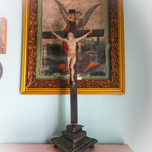 Ex. Lg. Antique French Pedestal Cross, Very Old, 1700s, Clay Sculpture of Crucifix, Remnants of Paint