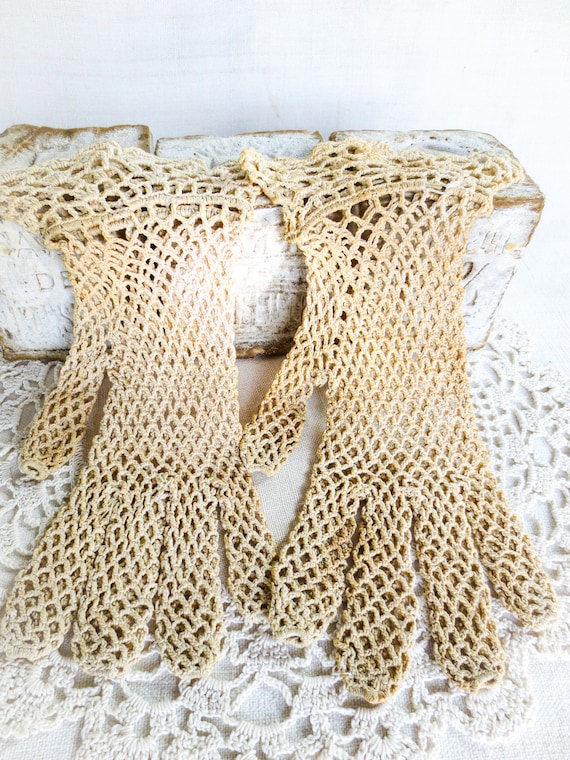 French Antique Crocheted Gloves - Lace Vintage Gl… - image 1