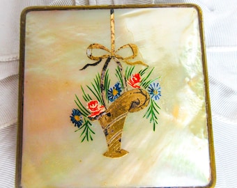 Mother of Pearl Compact, Antique, Basket on Top,