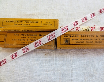 French Red Initials Trim, Red Script Initials, French Antique Monogram Trim. Red Laundry Tape