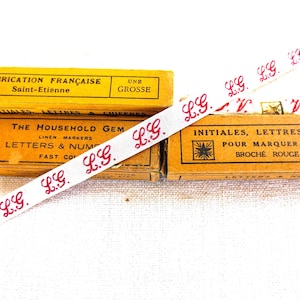 French Antique Monogram Tape: Red Script Initials Trim
