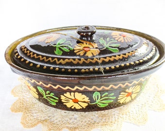 Antique French Earthenware Casserole Dish: Brown Glaze, Floral Decor