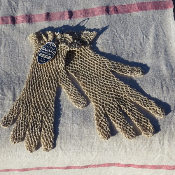 Hand crocheted gloves from France, vintage, original blue label