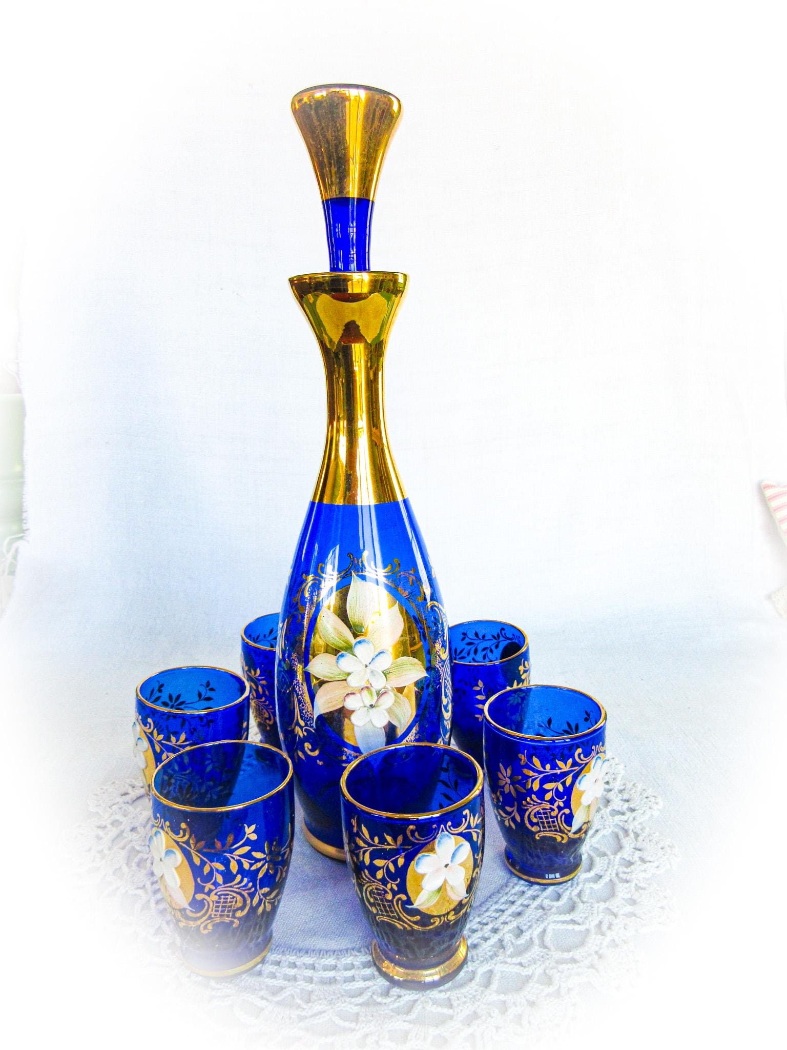 Murano Glass Liqueur Set: Cobalt Blue Carafe & Cordial Cups, 24k