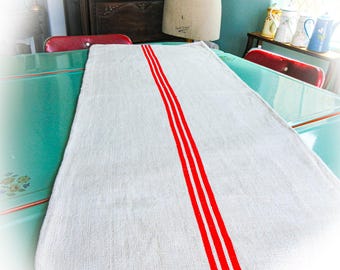French Feed Sack, Vtg Grain Sack, Thick Flax, Woven, Red Stripes