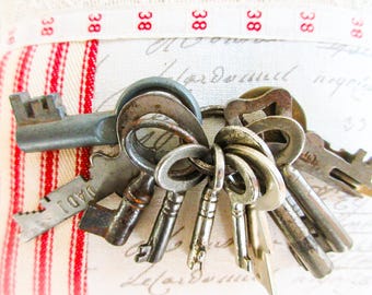 Antique French Skeleton Keys on Ring - Lot of 10 Small Keys