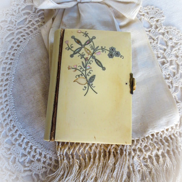 Antique French Missal Prayer Book, Celluloid with Sterling Silver and Mother of Pearl Incrustations