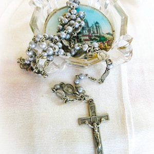 Mont Saint Michel Trinket Dish,  Mt. St. Michel, Normandy, France, Rosary with Steel Beads, French Antiques