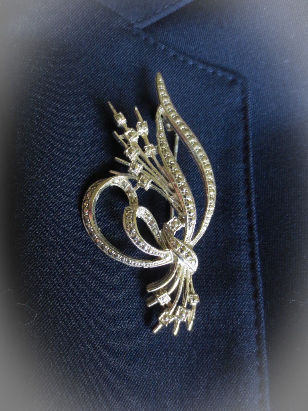 Marcasite, Silver Brooch, Ribbon Swag, Facetta Design Marcasite, Silver Brooch, Ribbon Swag, Facetta Design