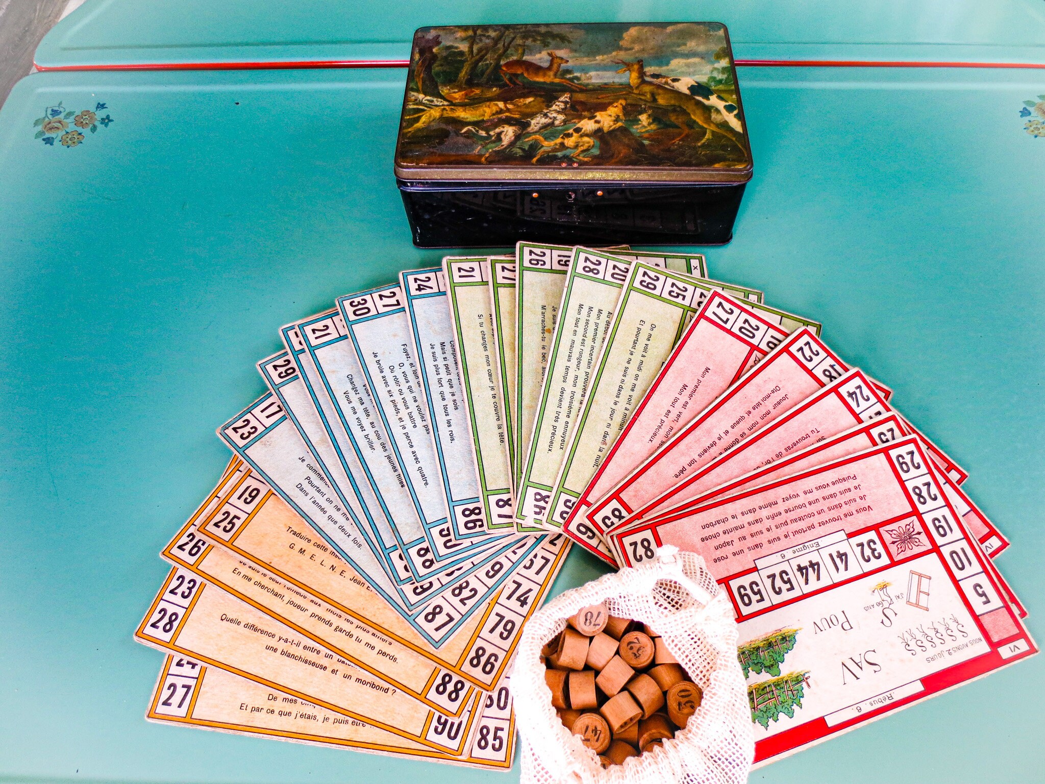 Buy French Antique Loto Game: Bingo Cards, Wooden Numbers, Tin Box