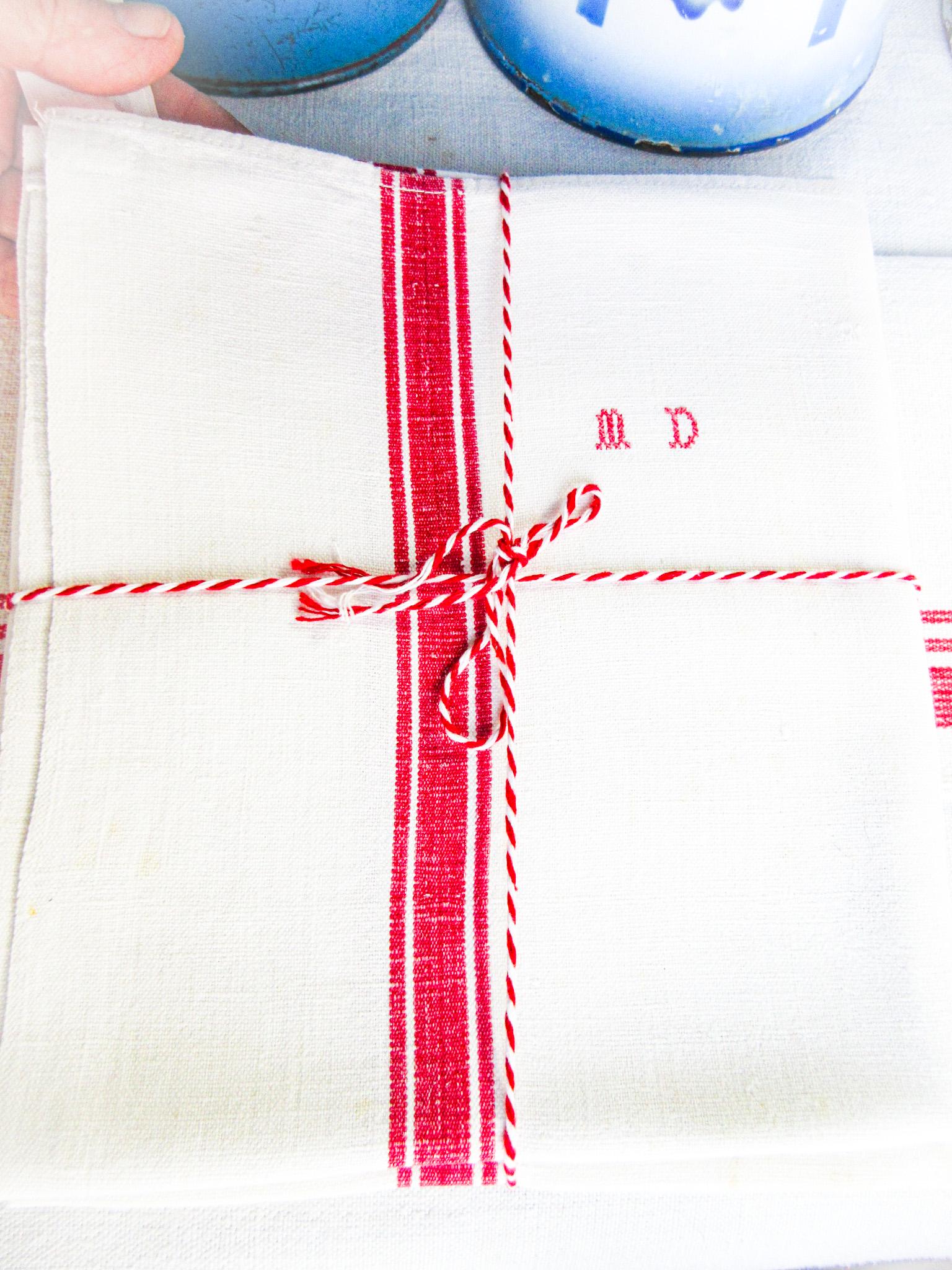 French Linen Torchon Hand Towels - Set of 2, Red Stripe