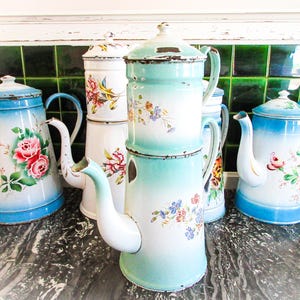 French Antique Double Handled Coffeepot - Enamel Graniteware; Biggin - Cafetiere