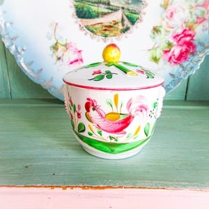 French Porcelain Confit Pot, Lidded Pot, Confiture Pot, Red Chicken, Bright White Glaze, Marked on Bottom, St. Clement,
