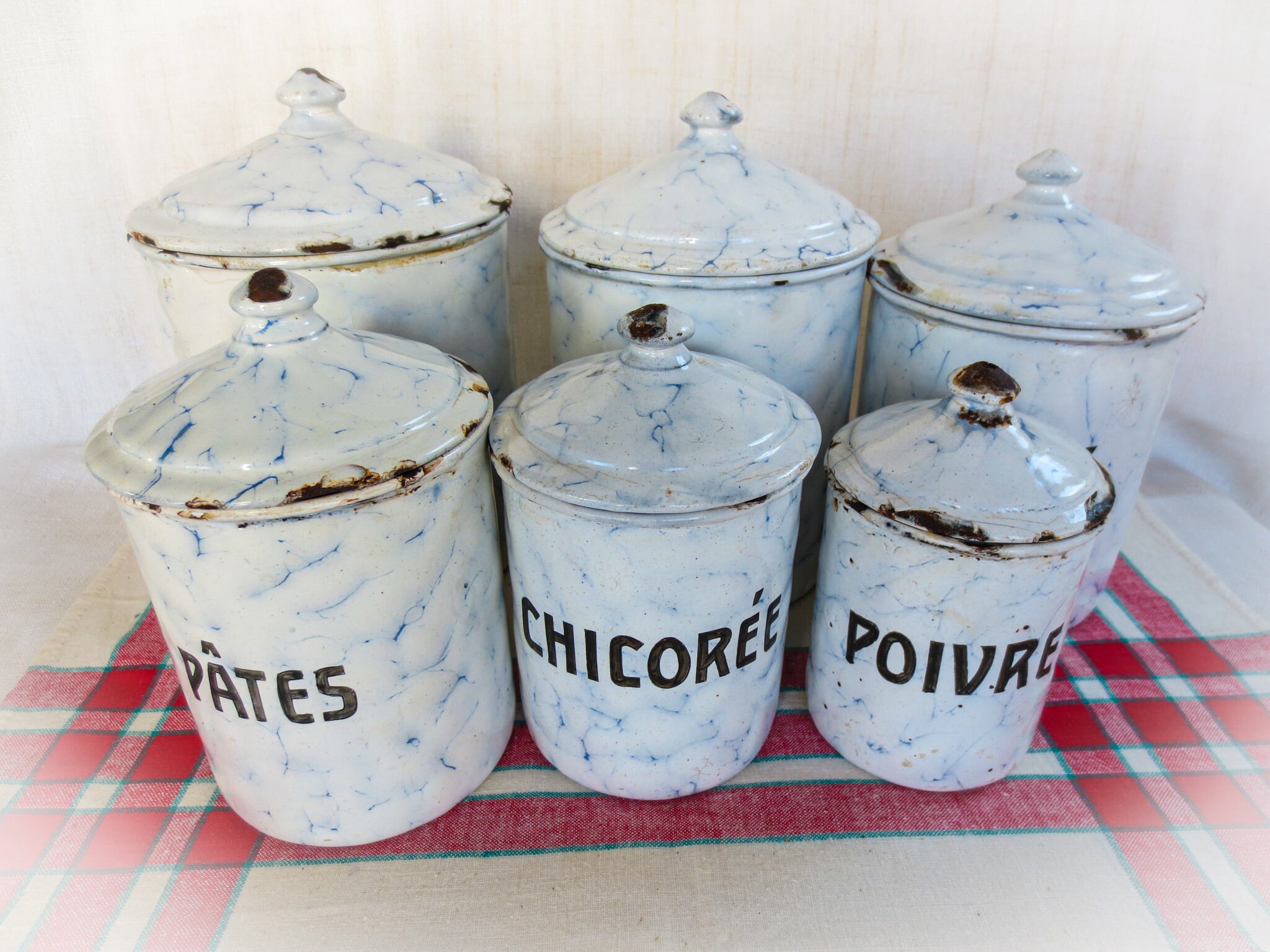 French Antique Enamel Canister Set: Chicken Wire Pattern, Blue