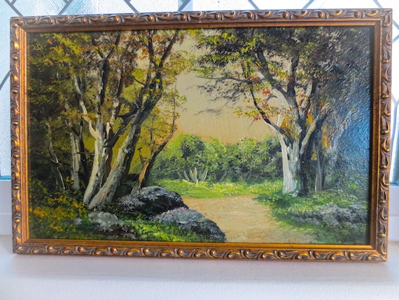 油彩画 風景画 森の小道 額装 油彩画 風景画 森の小道 額装 フランスの