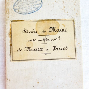 Mapa do rio Marne, mapa de bolso antigo francês - forro de linho - final dos anos 1800, rio Marne a leste de Paris, França